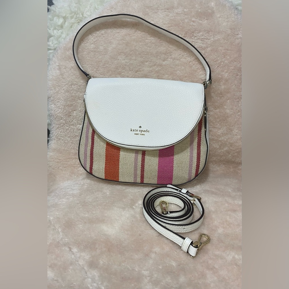 Kate Spade Leila Leather Flap Shoulder White Multi Color Stripe